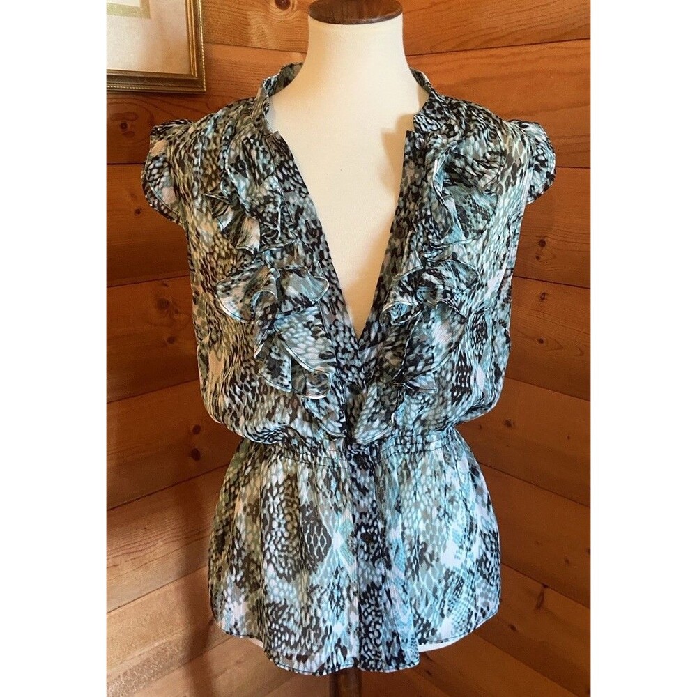 Alfani Animal print Chiffon V-Neck Blouse 8 Black Blur White Tan Sleeveless